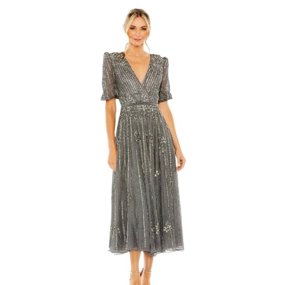 MAC DUGGAL Gray Puff Quarter Length Sleeve V-Neck Dress Style# 5995 - Picture 1 of 3